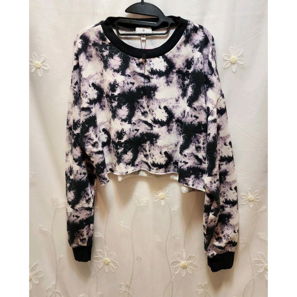 SOCIALITE WOMENS XL BLACK WHITE SWEATSHIRT CROPPED TIE DYE ARTSY WATERCOLOR HIP